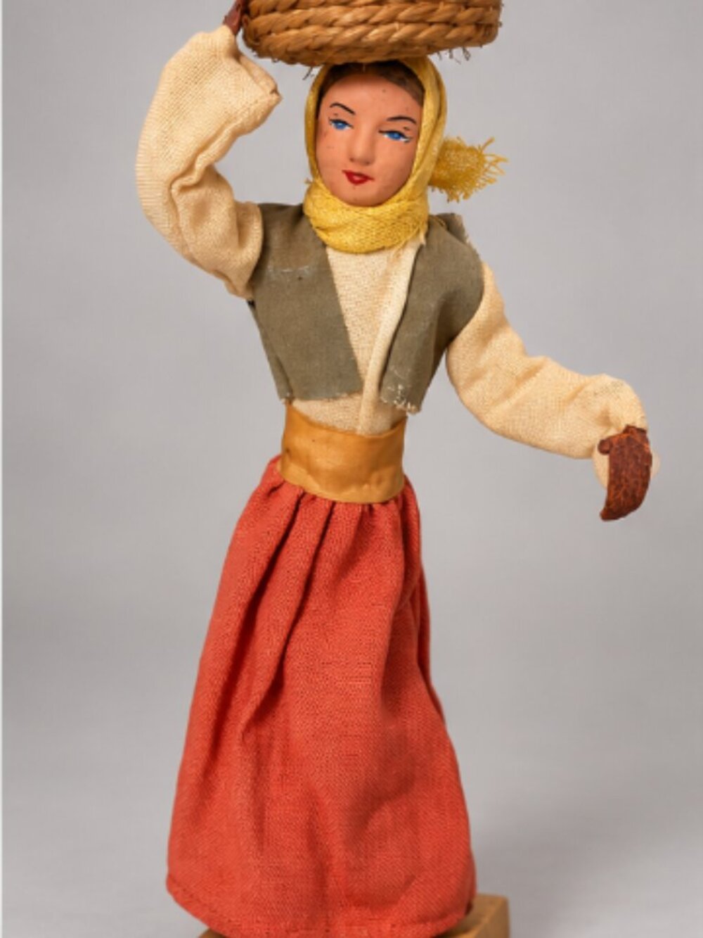 Vintage 8” Handmade Folk Art Doll Woman Carrying Woven Basket Wood Base